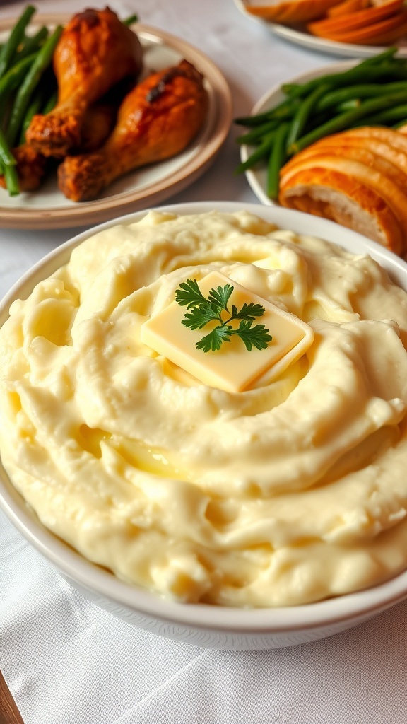 A bowl of creamy mashed potatoes with butter and parsley, served with roasted chicken and green beans.